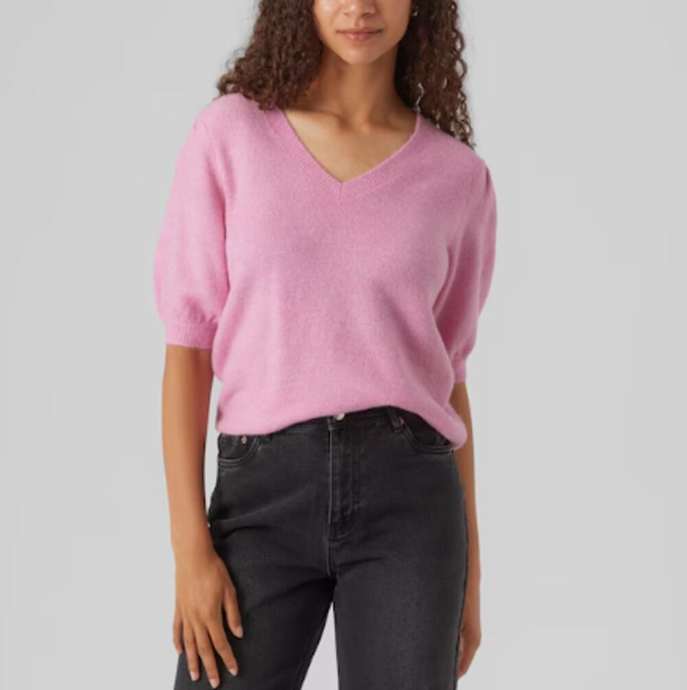 NEW VERO MODA Elly V-Neck Puff Sleeve Knitted Sweater Size S